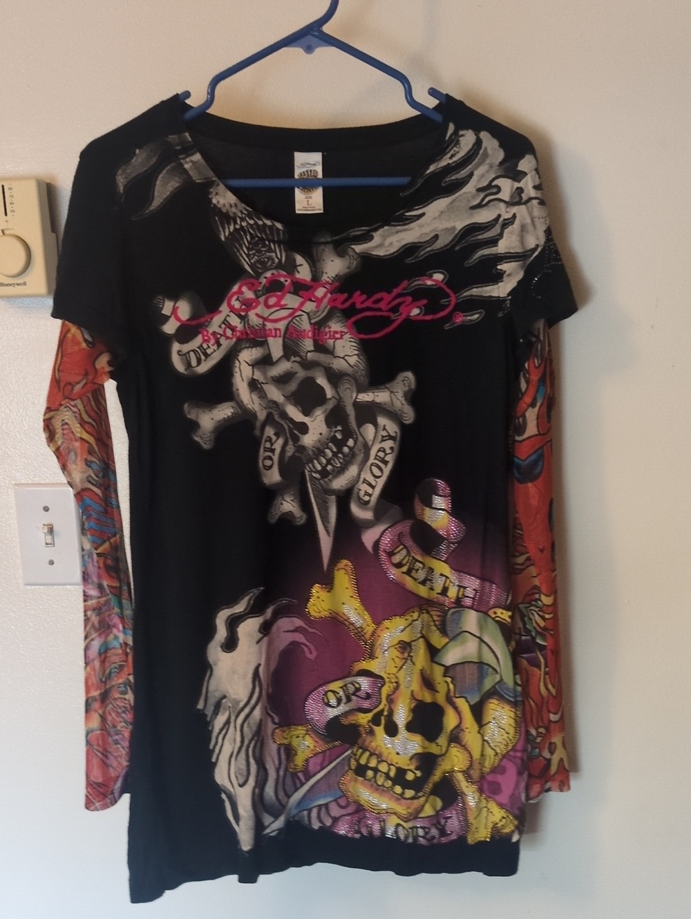 Ed Hardy Black Long-Sleeve Tattoo Graphic Top with Hot Pink Logo